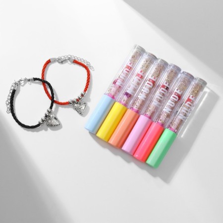 Set 3 objects: 2 bracelets, lip gloat "Demetrons" hearts, black-red color, 6 cm-8