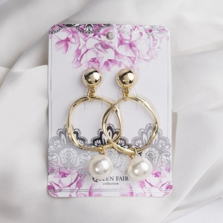 Earrings with pearls "Tenderness" circle with bead, white color in gold-1