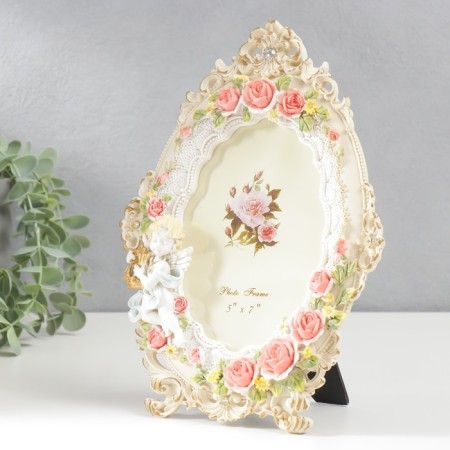 Photo frame Polystone 13x18 cm "Angel in the pink garden" oval, on legs 26x20 cm-1