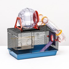 A small cage is small with a maze, wheel and house, 40 x 25 x 22 cm, mix of flowers
