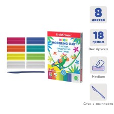 Plasticine 8 colors, 144 g, Erichkrause Neon, neon + 2 white, with a stack, improved formula, in cardboard packaging