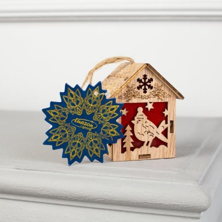 Christmas tree toy "House with a bird", from batteries, glow warm white-3