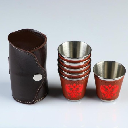 Set of glass 6 pcs. × 75 ml, in a brown cover with a belt mount