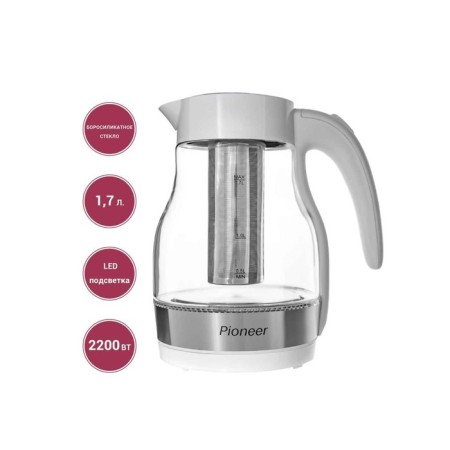 Electric kettle Pioneer KE802G, glass, 2200 watts, 1.7 l, white-9