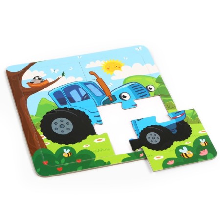Puzzle on the substrate "Funny Blue Tractor", 4 details-4
