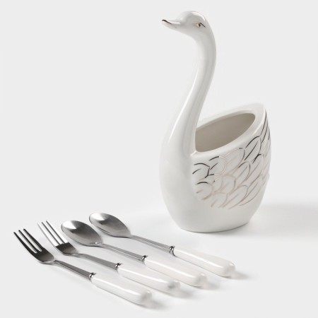 Swan stand for cutlery, 5 items: stand 9 × 6.5 × 16.5 cm, 2 spoons, 2 forks, white color-2