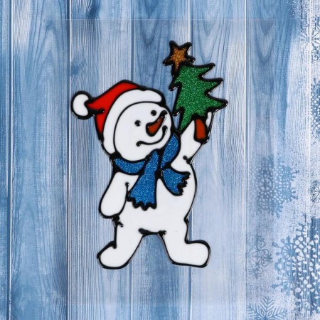 Glass sticker "A snowman in a blue scarf with a Christmas tree" 10x15 cm