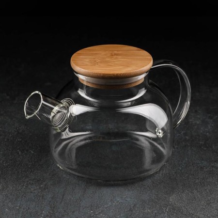 Glass Tea Set on an Eco wooden stand, 7 items: kettle 1.1 liters, 5 mugs 120 ml, stand-3