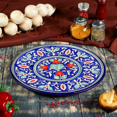 Tortovitsa Rishtan ceramics "Flowers", 31 cm, blue