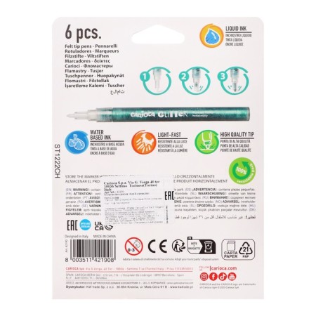 Flomasters 6 colors, Carioca Glitter, with sparkles, bullet -shaped node 1.0 mm, water -based ink, super -resistant tip-6