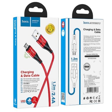 Hoco U93 cable, USB - Microusb, 2.4 a, 1.2 m, indicator, red-2