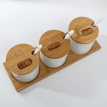 A set of ceramic cans for storage on a wooden stand “Kitty”, 3 pcs, 250 ml, white color-3