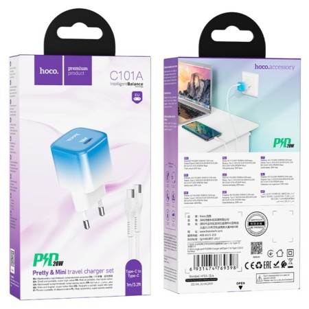 Network charger Hoco C101A, Type-C, 20 W, PD + Qc, Type-C-Type-C, 1 m, blue-5