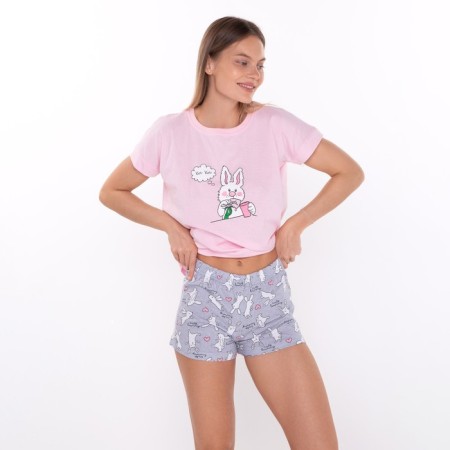 Home female "Bunny" set (T -shirt/shorts), pink/gray color, size 46-3