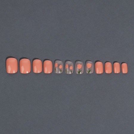 Flower overhead nails, 12 pcs, with adhesive plates, soft square shape, peach/milk color-5