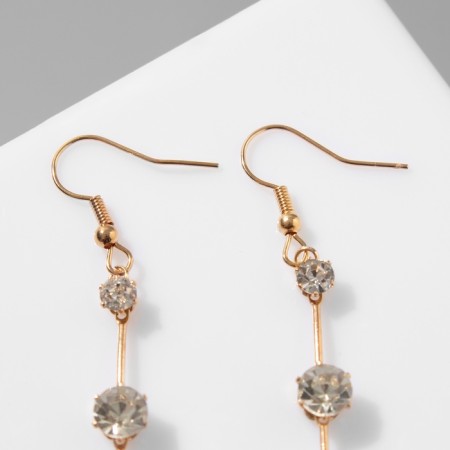Hanging earrings with rhinestones "Drop" path, white color in gold, 6.2 cm-3
