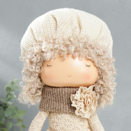 Interior doll "Baby in beret, in a beige outfit, with a flower" 36.5x13x17 cm-4
