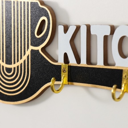 Hooks decorative wood "cup with a spoon. Kitchen" black with gold 32x10.2 cm-2