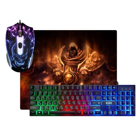 Game set 3 in 1 Defender aura MKP-117, keyboard+mouse+carpet, wired, backlight, 2400 dpi, 2400 dpi