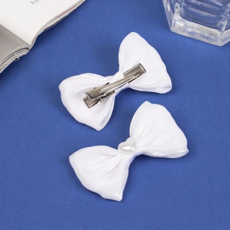 Hair clamp "Bow Vivian" (set 2 pcs) Classic heart, 6 cm, white-1