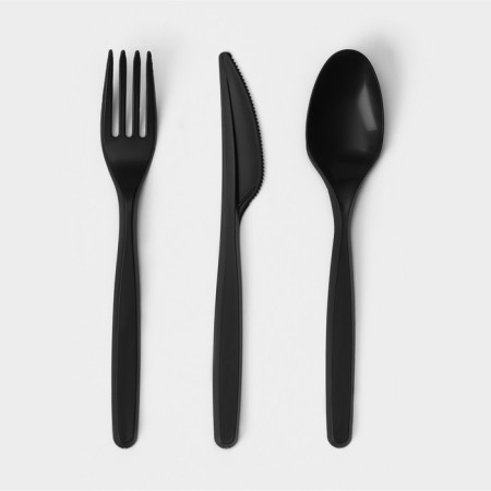 A set of plastic disposable cutlery "Elites", 4 objects: fork, tablespoon, knife, napkin, 18 cm, black color-1