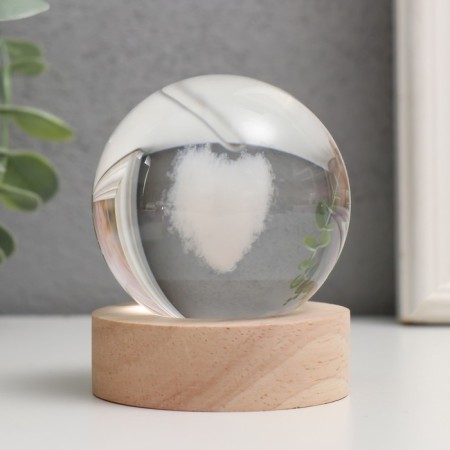 Souvenir glass backlight "Cloudy heart" d = 6 cm stand wood, usb 6.5x6.5x7.5 cm-3