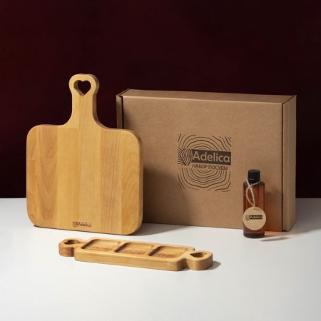 Gift set of ADELICA wooden dishes, cutting board, exchange 3 sections, oil as a gift 100 ml, birch