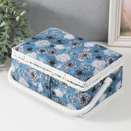 Casket for needlework "Black and white flowers on blue" 24x16x11 cm-4