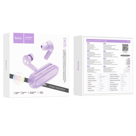 Hoco EW39, ​​TWS headphones, wireless, vacuum, noise -capture, BT 5.3, 30/300 mAh, purple-4