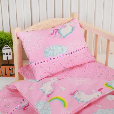 Bed linen for dolls "Unicorn on Pink", sheet, blanket, pillow-1