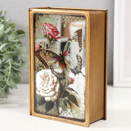 Broke-Kniga metal, leatherette "Butterfly and roses" with a mirror 17x12x5 cm-2