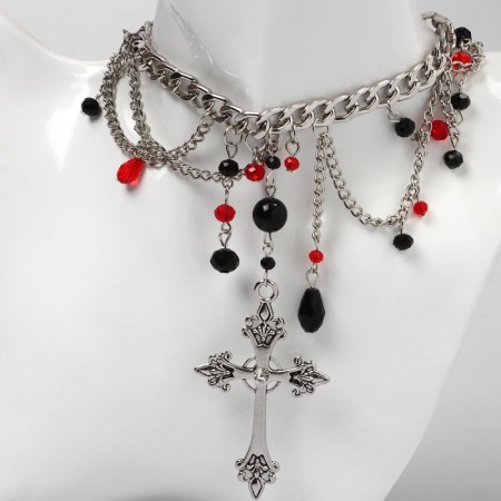 Necks "Cross" beads with chains, black-red color in silver-4