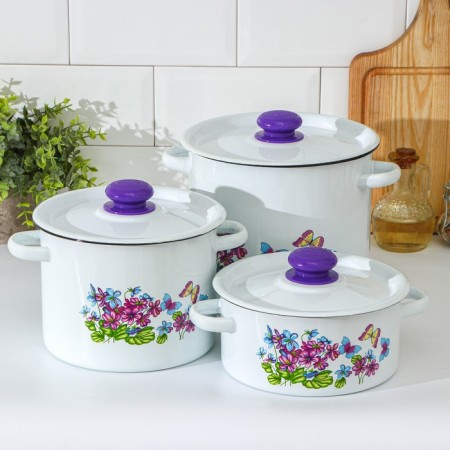 Set of pan “violet”, 3 subjects: 2 l, 3.5 l, 5.5 l, enameled covers, induction, color mix
