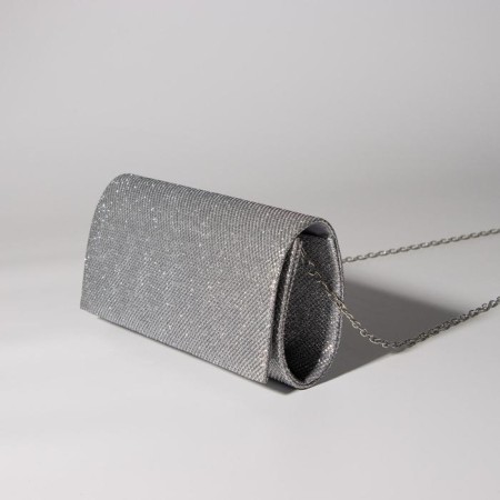 Female bag, valve department, long chain, silver color