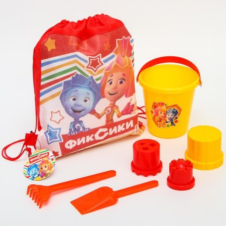 Sanding set of fixtures "Simka and Nolik": bucket 1 l, rake, scoop, 3 molds, in a backpack