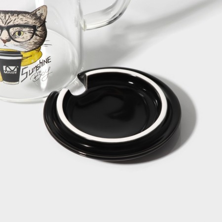 Glass mug with a ceramic lid and a spoon "Hipster", 450 ml, Mix drawing-2