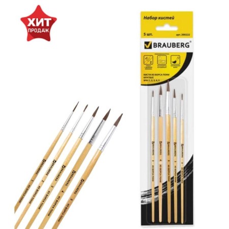 Set of brushes "Pony", 5 pieces, Brauberg (round, No. 1, 2, 3, 4, 5), blister