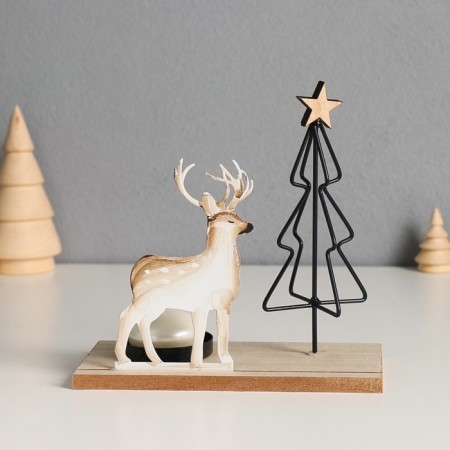 Climber metal, wood on 1 candle "Deer at the Christmas tree" d = 4 cm 7.5x16x16 cm