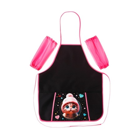 Apron for labor + sleevens, 535 x 445 mm, Hatber "Kitten in a hat" with a black pocket nfn_35115