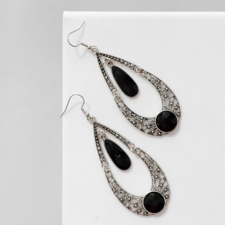Hanging earrings "Drops" with a circle in openwork, black color in black silver, 8.5 cm-1