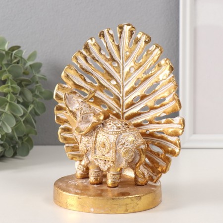 Souvenir Polystone "Golden Elephant at the Palm Leaf" 14.5x9x17.5 cm-3