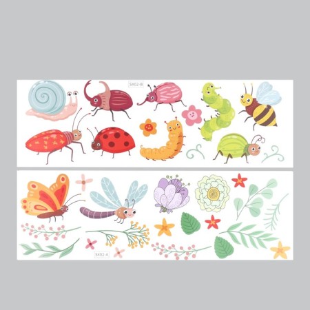 Sticker Plastic Interior color "Cute insects with leaves" set 2 sheets 30x90 cm-1
