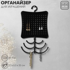 Organizer for jewelry with hook, 60 pairs, 6 hooks, plastic, black color