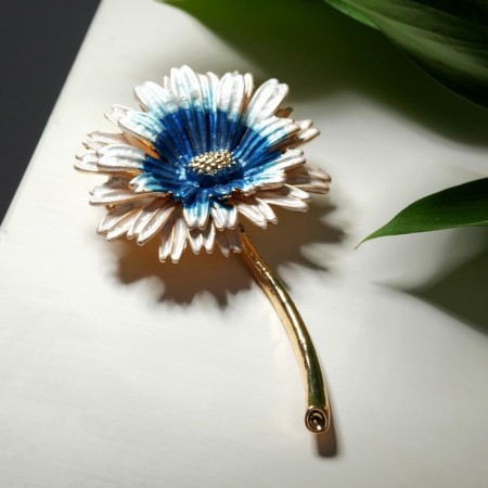 Brooch "Flower" fluffy, white-blue color in gold
