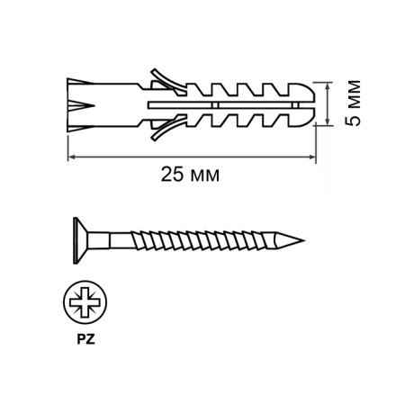 Dowel "Zubble", type "euro", with a screw 3x30 mm, polypropylene, 5x25 mm, 15 pcs-2