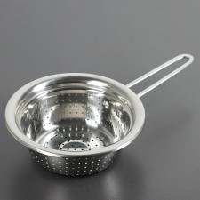 A colander made of stainless steel of the 