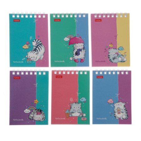 Notepad A7, 60 sheets, in a cage, on a crest, "Adventures of a cat cat", cover coated cardboard, tinted block, mix