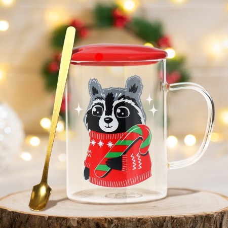 Glass mug with a spoon and lid "Raccoon", 470 ml-1