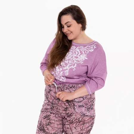 Female trousers with print, pink color with black pattern, size 46-2