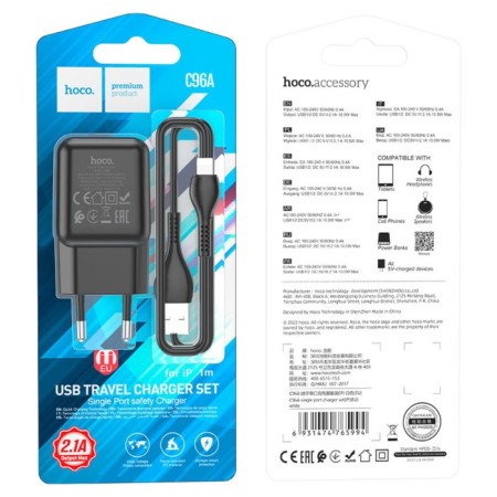 Network charger Hoco C96a, 1 USB, 2.1 A, Lightning cable - USB, 1 m, black-3